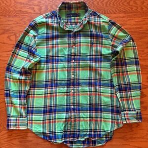 Ralph Lauren Mens Green Plaid Flannel Button Down Shirt Long Sleeve Size Medium